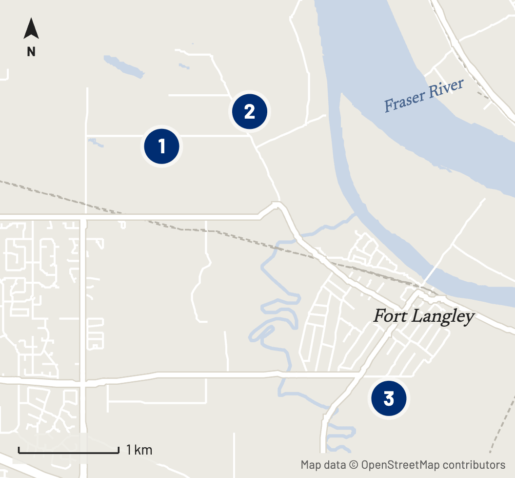 Map of the three sales: 1 and 2 on the acreage northwest of Fort Langley village, near 100 Avenue; 3 just south of the village.