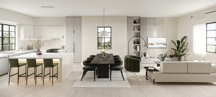 Artist’s rendering of an open kitchen, dining and living area with an island and green stools, a long dining table and a sofa