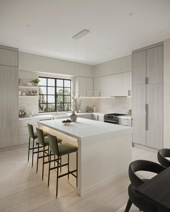 Artist’s rendering of a Bromley kitchen with a white island, stools and full-height cabinets