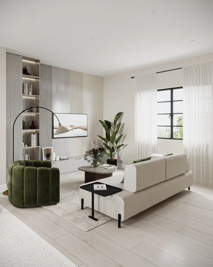 Artist’s rendering of a Bromley living room with a sofa, a green armchair and a large window
