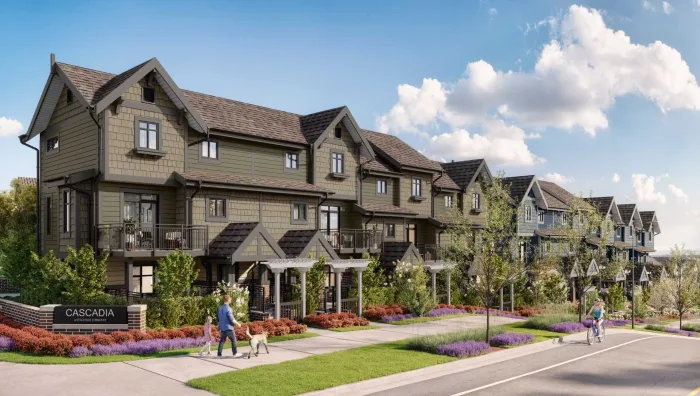 Artist’s rendering of Cascadia from the street: three-storey townhomes in olive and grey shingle with gabled roofs and covered balconies, a Cascadia sign in the landscaped foreground, an adult walking two children and a dog on the sidewalk