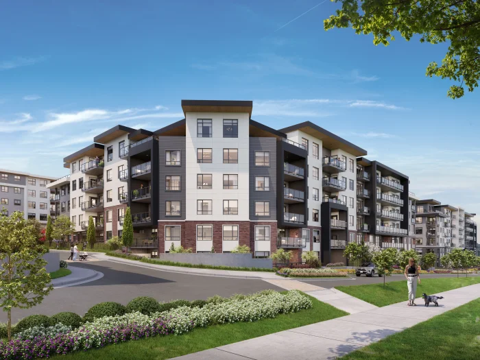 Artist’s rendering of Eden from the street: a six-storey condo building in cream, charcoal panel and brick with recessed balconies, above a landscaped sidewalk and a person walking a dog