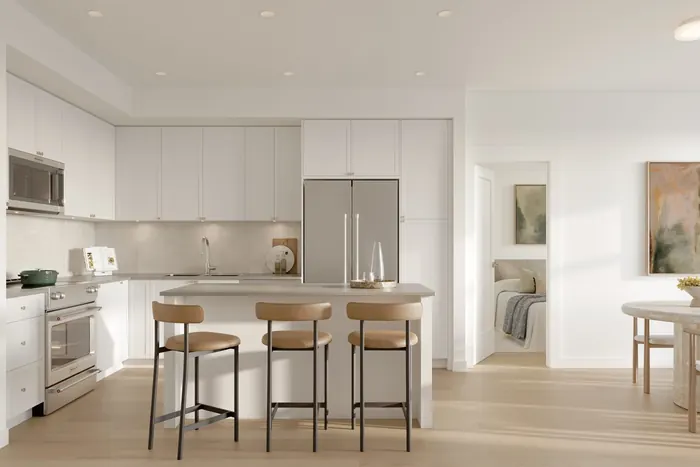Artist’s rendering of a Fleetwood Village 2 kitchen in the classic scheme: white cabinets, a quartz island with three stools and a stainless refrigerator