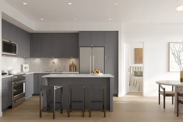 Artist’s rendering of a Fleetwood Village 2 kitchen in the grey scheme: dark grey cabinets, a matching island and stainless appliances