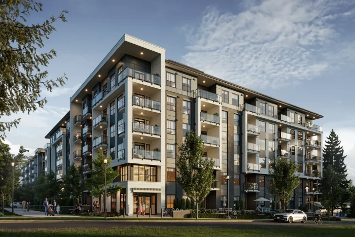 Artist’s rendering of Gabriel from the street: a six-storey condo building with black brick at the lower levels, arctic white and grey above and a dark blue top floor, with balconies stacked across the frontage