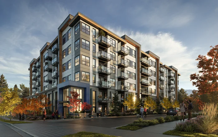 Artist’s rendering of Galilea from the street: a mid-rise condo building in neutral tones with bold blue panel accents, natural wood soffits and expansive windows, above landscaped planting