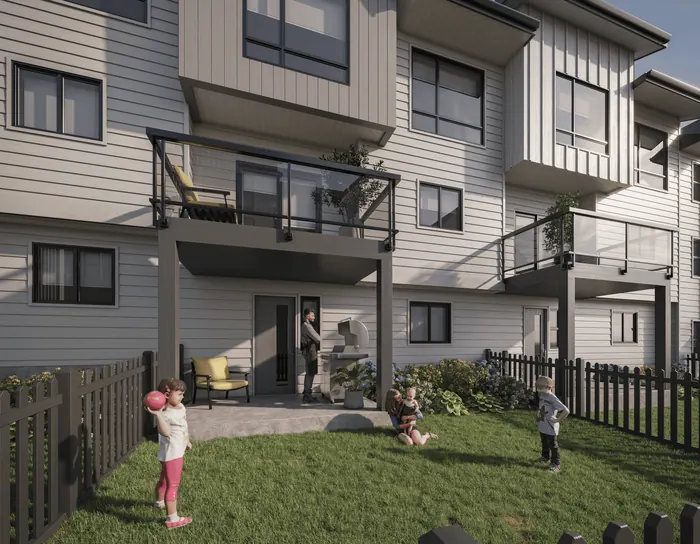 Artist’s rendering of Gradience back gardens with lawns, fences, patios and a balcony above, with children playing
