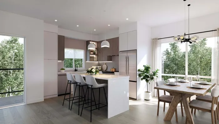 Artist’s rendering of a kitchen and dining area with an island, stools and a dining table by large windows