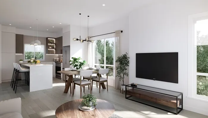 Artist’s rendering of an open kitchen, dining and living area in the Pinot scheme, with a white island and a wall-mounted television