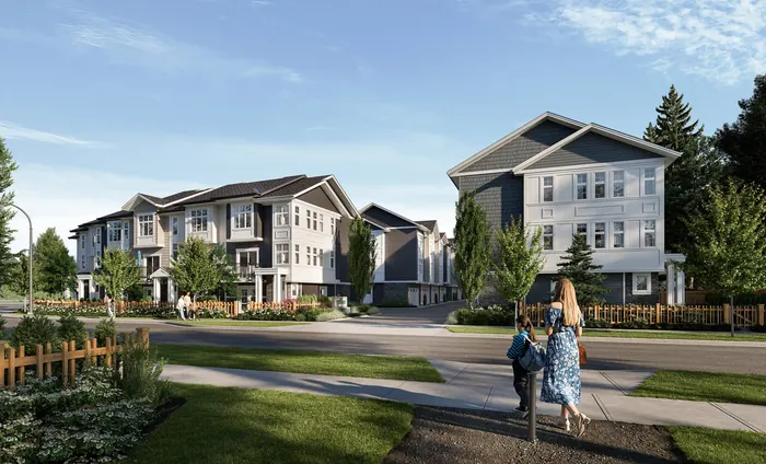 Artist’s rendering of Griffon townhomes along a street with white and grey siding, gabled roofs and a landscaped boulevard, with people walking