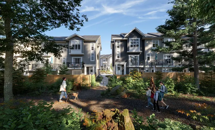 Artist’s rendering of a green walkway beside Griffon townhomes with trees and people walking