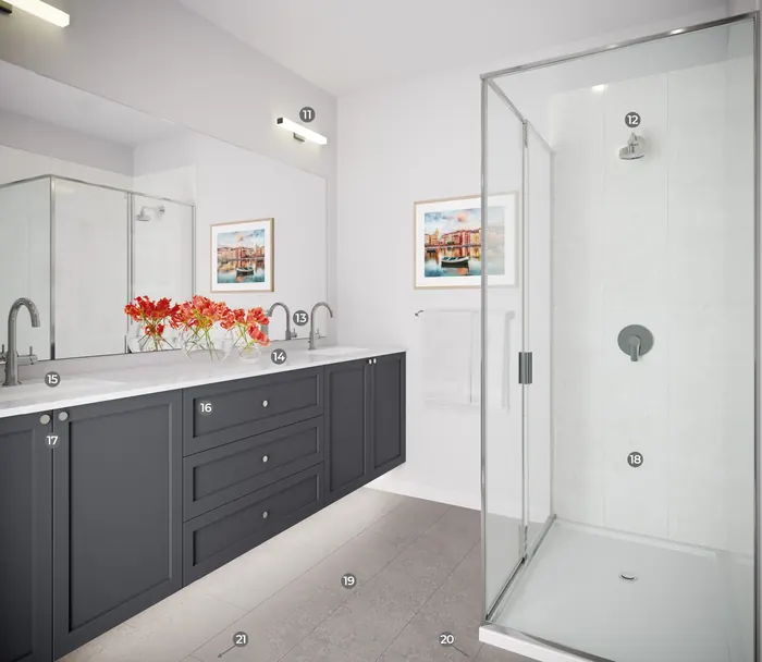Artist’s rendering of a bathroom with a dark vanity, a glass shower and porcelain tile, marked with numbered points for the developer’s list of updates