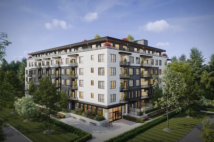 Artist’s rendering of Guildford The Greatest 2 from the street corner: a six-storey white condo building with dark trim, balconies on every floor and landscaping at the base