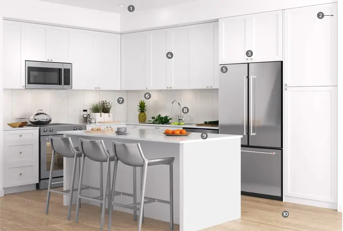 Artist’s rendering of a white kitchen with an island and three stools, marked with numbered points for the developer’s list of updates