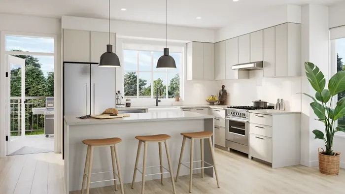 Artist’s rendering of a Heath West kitchen in the light scheme with a light island, wood stools and pendant lights
