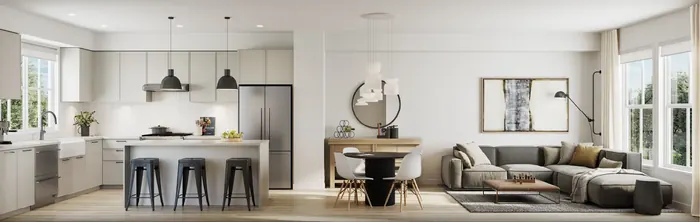 Artist’s rendering of an open kitchen, dining and living area with a white island, stools and a sectional sofa