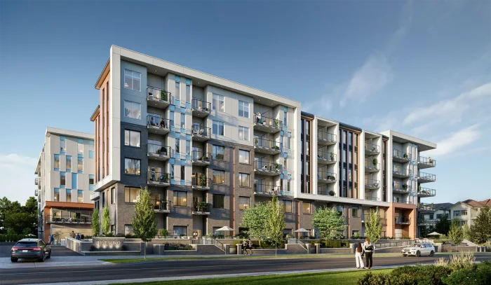 Artist’s rendering of Jethro from the street: a six-storey condo building in grey, white and warm timber panel with recessed balconies and a glazed ground floor, cars passing on 204 Street
