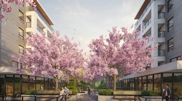Artist’s rendering of the Kamilia courtyard in blossom, with patios along the ground floor