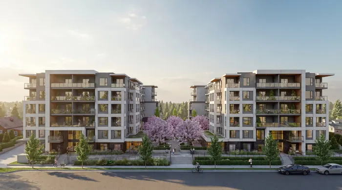 Artist’s rendering of Kamilia from the street: two six-storey condo buildings with white and grey facades and balconies, with a flowering cherry tree between them