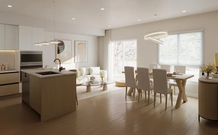 Artist’s rendering of a Kamilia kitchen and living area in the Blossom scheme, with a wood island, a dining table and light walls