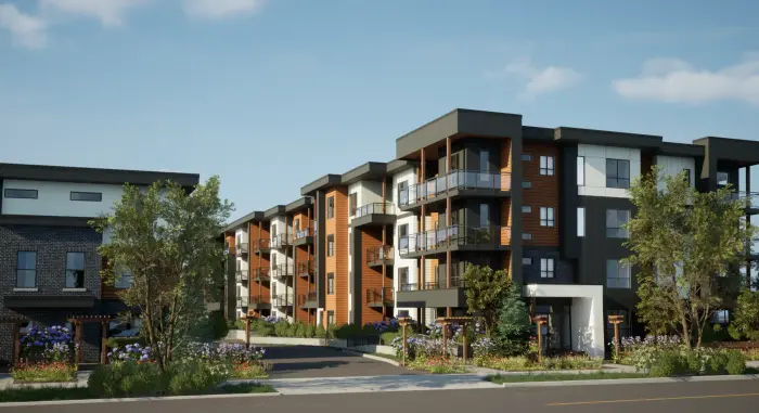 Artist’s rendering of Kensington Gate from the street: a four-storey building in brick, wood-toned panel and dark cladding, with balconies above a landscaped walk
