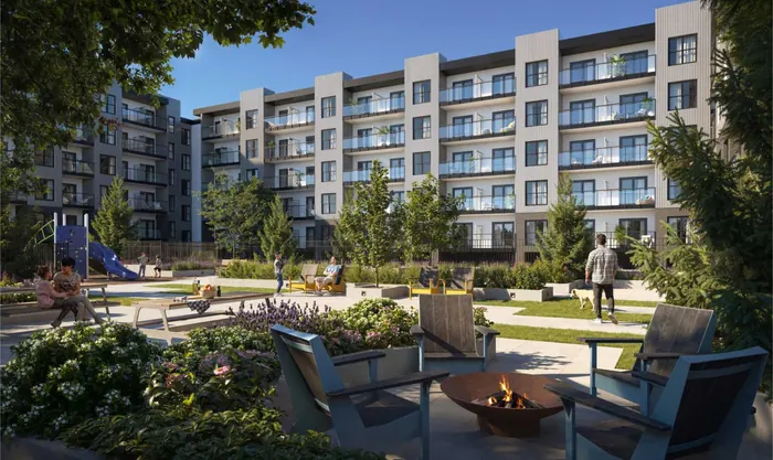 Artist’s rendering of the Matteō courtyard with a firepit, seating, planting and the buildings around it