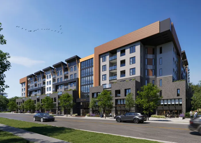 Artist’s rendering of Matteō from the street: a six-storey building with dark and copper-toned panels, balconies and shops at street level