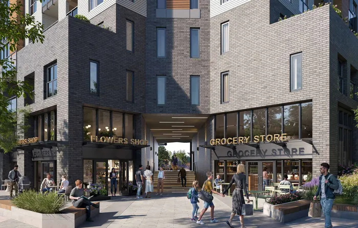 Artist’s rendering of the Matteō ground-floor shops with signage for a grocery store and a florist, and people walking past