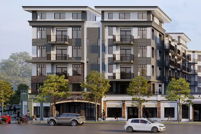 Artist’s rendering of Montvue from South Fraser Way: condo floors with balconies above brick-fronted shops, and cars and cyclists on the street