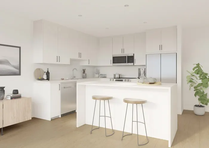 Artist’s rendering of a kitchen with white cabinets, an island with two stools and stainless steel appliances