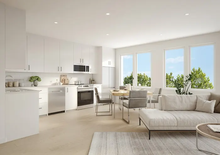 Artist’s rendering of an open kitchen, dining area and living room with light plank flooring and corner windows