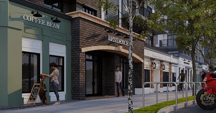 Artist’s rendering of the ground-floor shopfronts and the residents’ entrance along the sidewalk