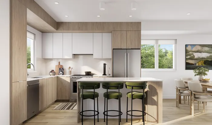 Artist’s rendering of a Nature Haus kitchen in the Natur scheme, with wood lower cabinets, white uppers and an island with green stools