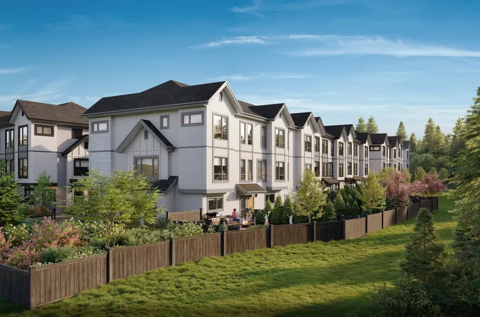 Artist’s rendering of Nature Haus townhome rows above a sloping lawn and planting, with tall trees at the edge
