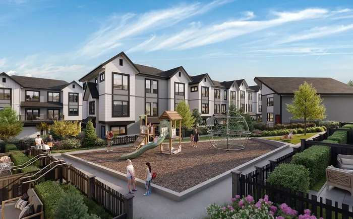 Artist’s rendering of the Nature Haus playground with climbing structures, set among the townhome rows