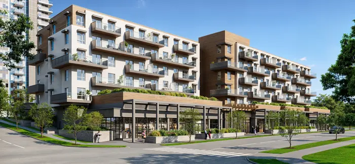 Artist’s rendering of North Village from a street corner: a six-storey building in pale panels and warm wood with balconies, above shopfronts under a timber canopy at street level