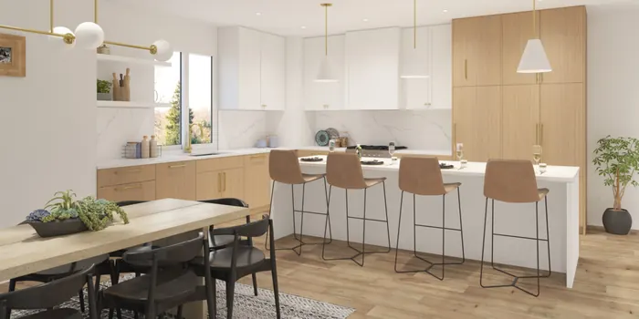 Artist’s rendering of an Onyx & Ivory kitchen and dining area in the white scheme, with a long island and bar stools