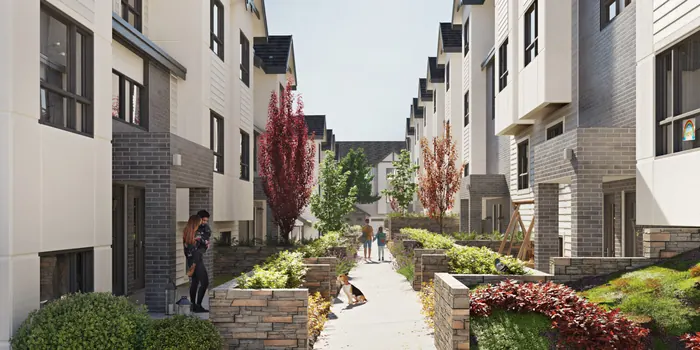 Artist’s rendering of a landscaped walkway between two rows of Onyx & Ivory townhomes