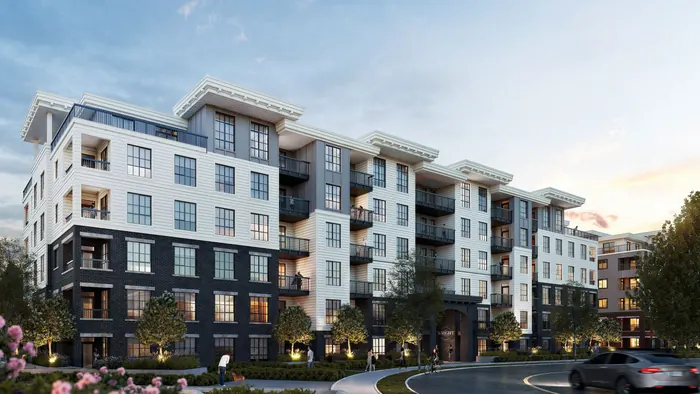 Artist’s rendering of The Wright, a six-storey condo building with white upper floors and dark brick at the base
