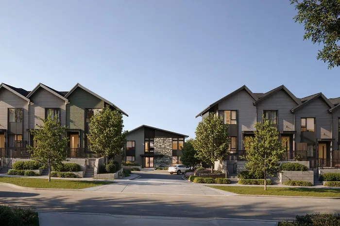 Artist’s rendering of townhome rows facing an internal lane, with trees and lawns in front