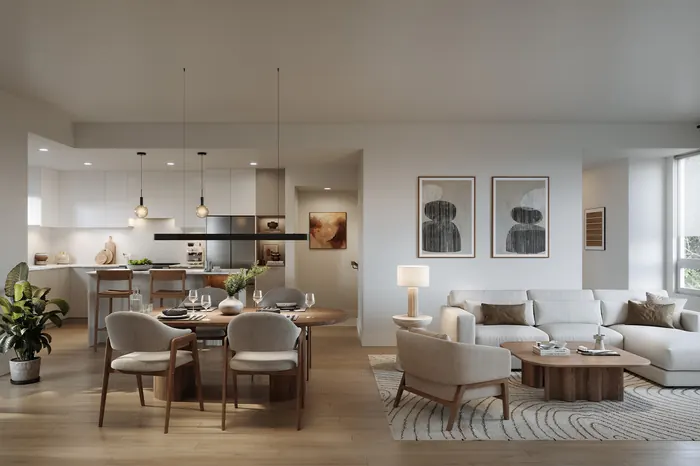 Artist’s rendering of an open living and dining room with the kitchen behind, pendant lights and light wood floors