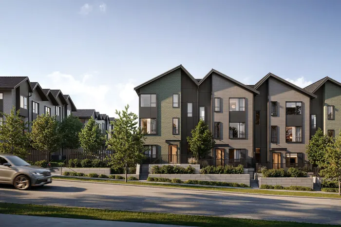 Artist’s rendering of Salton townhomes at a street corner, with dark and light siding and a car on the road