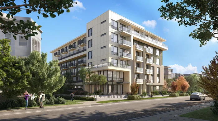 Artist’s rendering of Scale from the street: a six-storey building in white and pale panel with recessed balconies, above a treed residential street