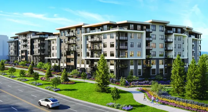 Artist’s rendering of Solana’s two six-storey buildings along 200 Street, balconies facing a landscaped frontage