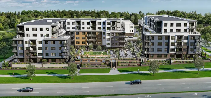 Artist’s rendering of South Village from the street: two six-storey condo buildings in pale cladding with dark trim, above a landscaped forecourt and young trees