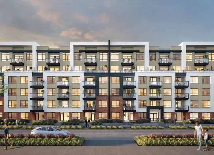 Artist’s rendering of The Hive 2 from the street at dusk: six storeys of white, grey and brick-red panels with lit balconies above a landscaped entry