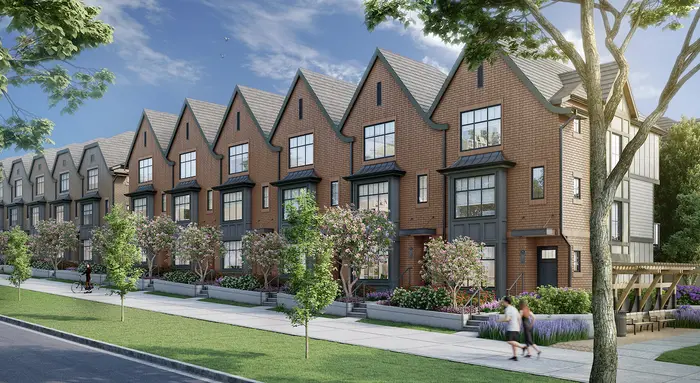 Artist’s rendering of a row of Loop townhomes from the street: dark brick and pale board-and-batten fronts under steep gables, with young street trees and a mown verge