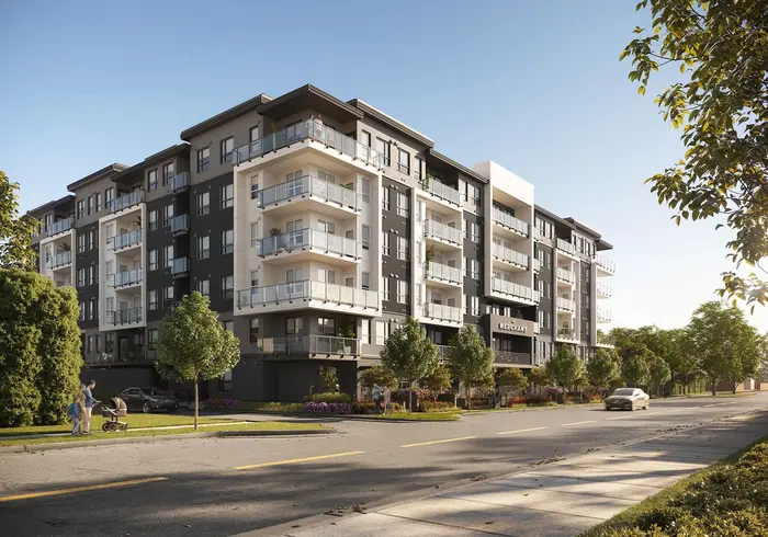 Artist’s rendering of The Merchant from the street corner: a six-storey building in dark and white cladding with balconies, above young street trees